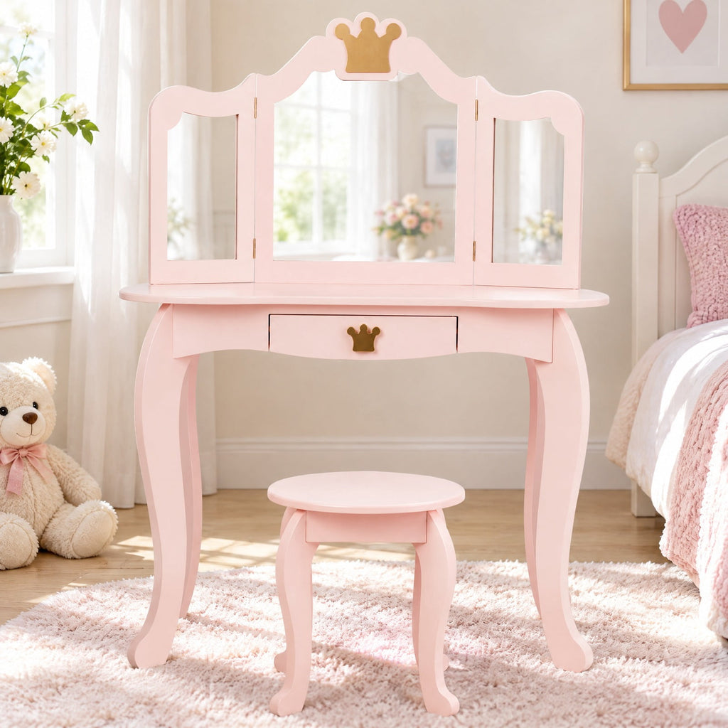 Airfind Kids Makeup Dressing Table with Tri-folding Mirror and Stool, 33 lbs Capacity, MDF pine Frame, 31.5in x 16.5in x 41.5in Footprint, Pink