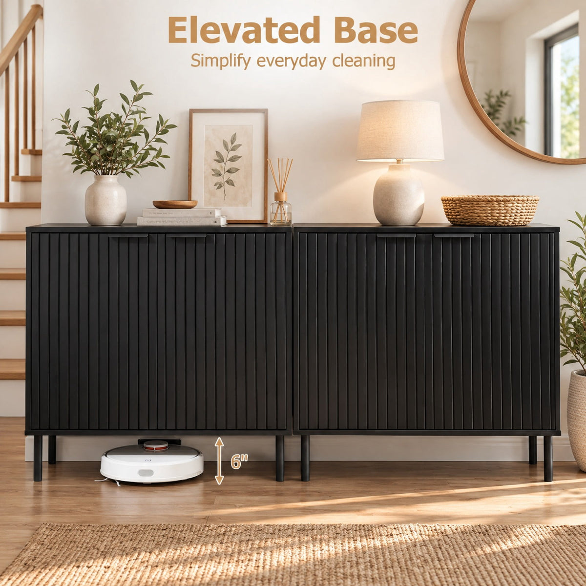 Airfind Fluted Buffet Cabinet with 2-Door Sideboard for Kitchen and Dining Room, Black, Metal legs provide strong and reliable support