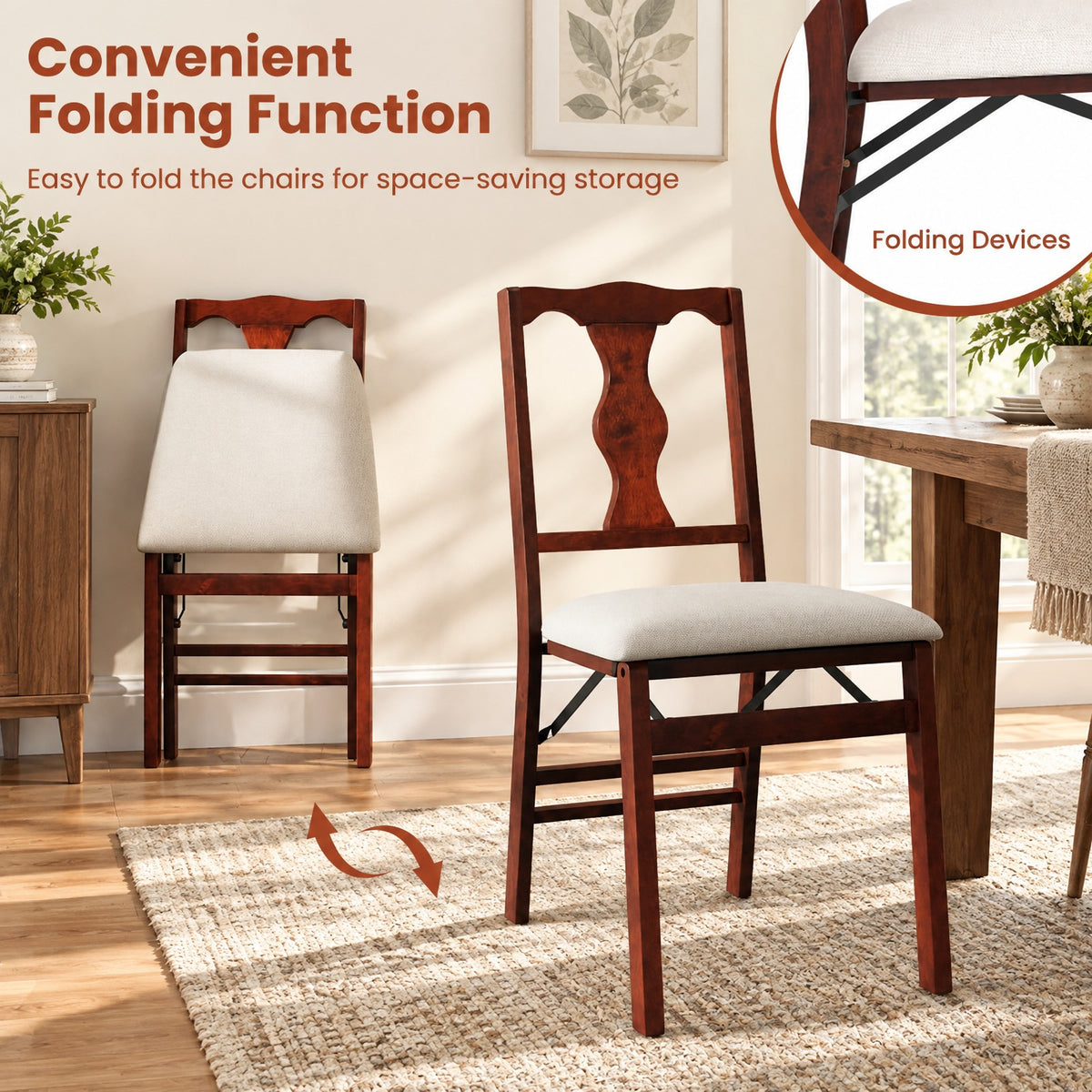 Airfind Folding Chairs Set of 2 Upholstered Dining Chairs with Comfy Padded Seats, 375 lbs Capacity, Rubber Wood Plywood Linen Fabric Sponge Frame