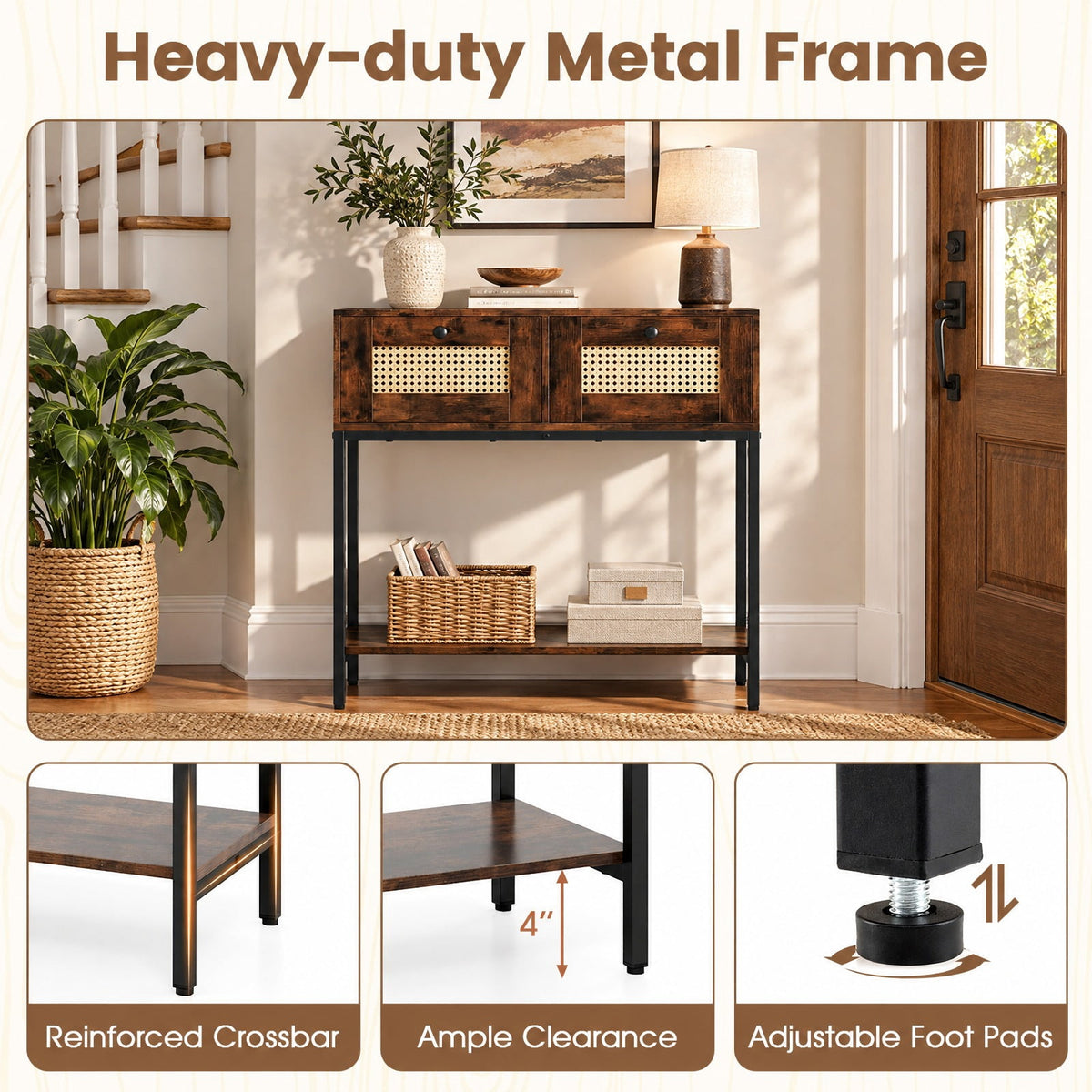 Airfind Rattan Console Table Boho Entryway Table with 2 Rattan Drawers and Open Storage Shelf, 88 lbs Capacity, Brown