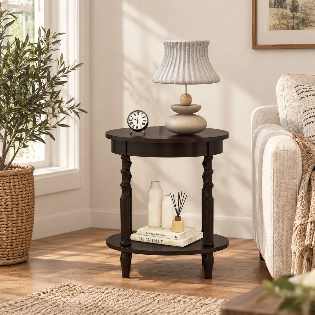 Airfind Side Table, 2-Tier Oval, with Storage Shelf and Solid Wood Legs, 245 lbs Capacity, MDF Rubber Wood Frame, Espresso