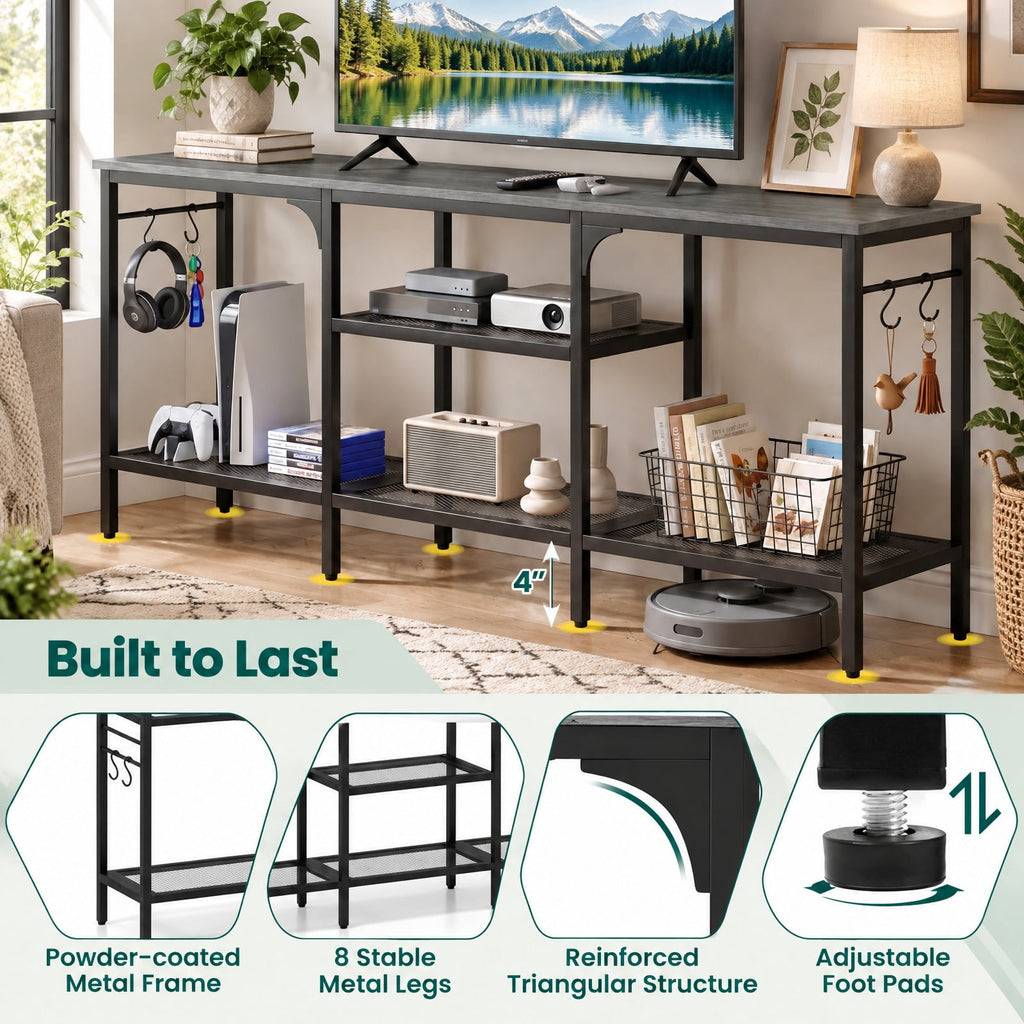 Airfind TV Stand, for TVs up to 65 Inch with 3-Tier Open Shelves and 4 Hooks, 685 lbs Capacity, Engineered Wood Metal Frame, Oak