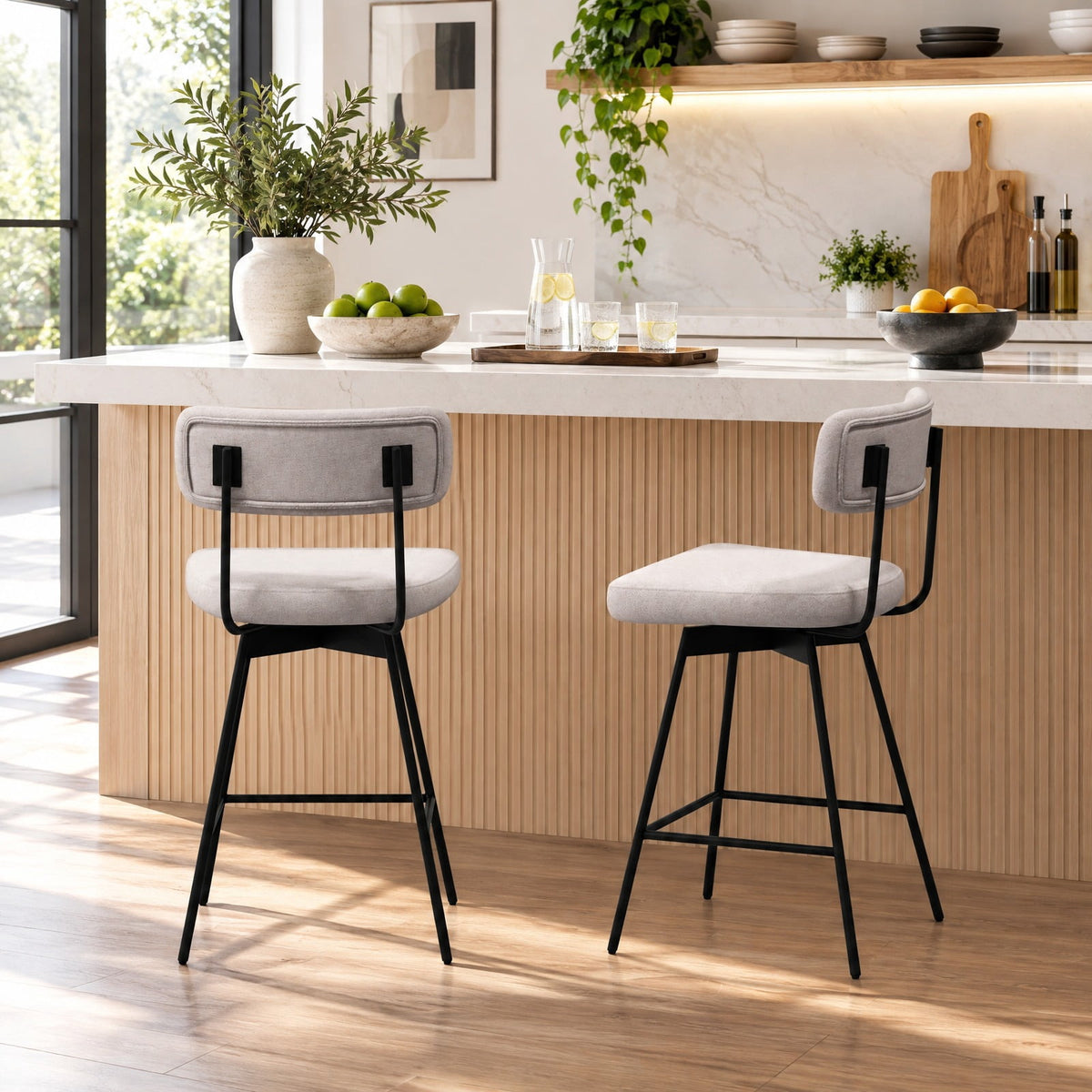 Airfind 25 Inch 2-Piece Modern Upholstered Bar Stools with Back and Footrests, 330 lbs Capacity, Polywood Metal Sponge Linen Type Cloth Frame, Beige