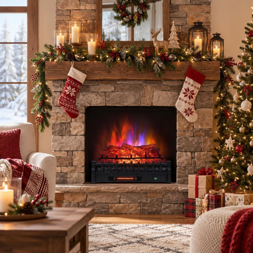Airfind 26 Inch WiFi Infrared Quartz Electric Fireplace Insert Logs Heater with Realistic Pinewood Logs, Cold-rolled Steel ABS Resin Frame, Black