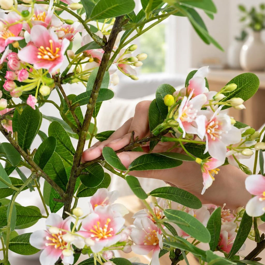 Airfind 36 Inch Set of 2 Artificial Impatiens Tree with Mini Fruits and Silk Flowers, PP PE Cement Silk Fabric Height 36 Inch Frame, Pink