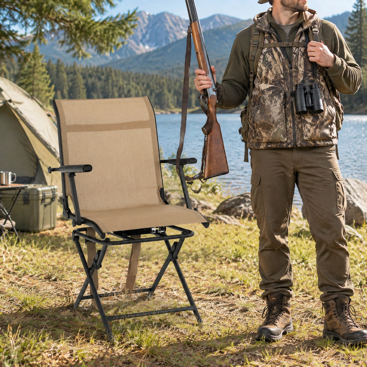 Airfind Foldable Swivel Hunting Chair with Mesh Back, Armrests and Wide Feet, 330 lbs Capacity for Ground Blind and Outdoor Use, Coffee