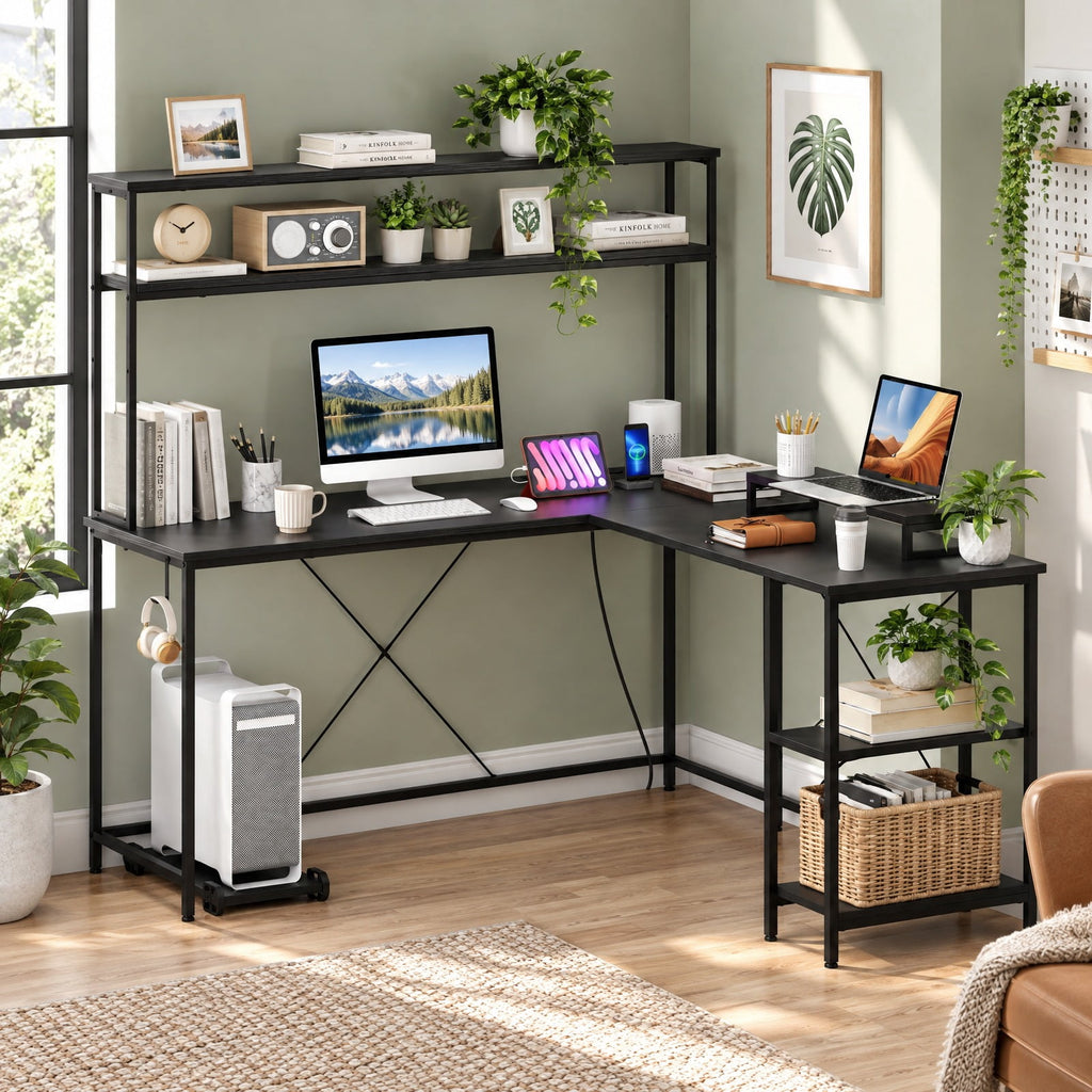 Airfind L-Shaped Reversible Gaming Desk with LED Strip and Power Outlets Hutch Monitor Stand, 310 lbs Capacity, Engineered Wood Metal Frame, Black
