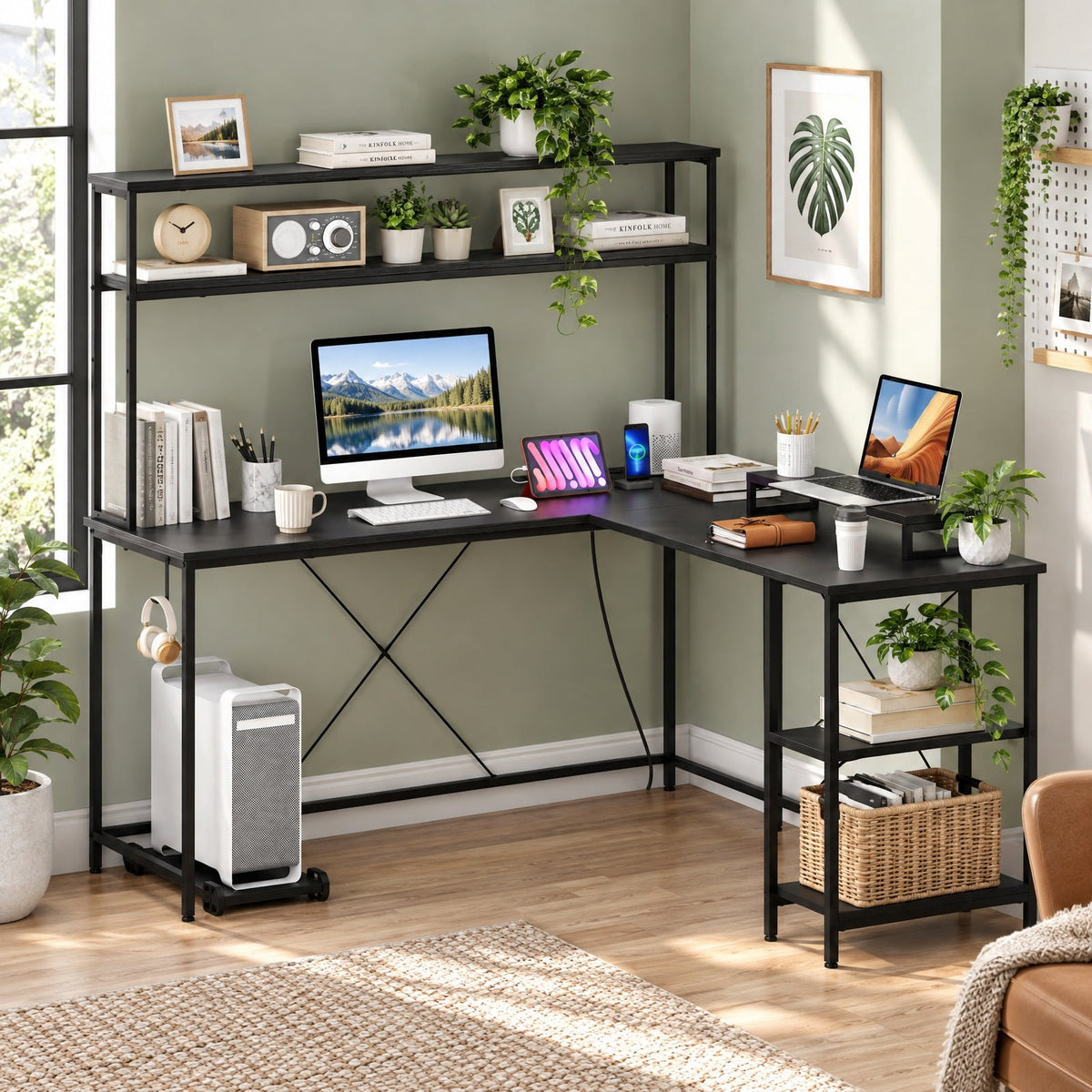 Airfind L-Shaped Reversible Gaming Desk with LED Strip and Power Outlets Hutch Monitor Stand, 310 lbs Capacity, Engineered Wood Metal Frame, Black