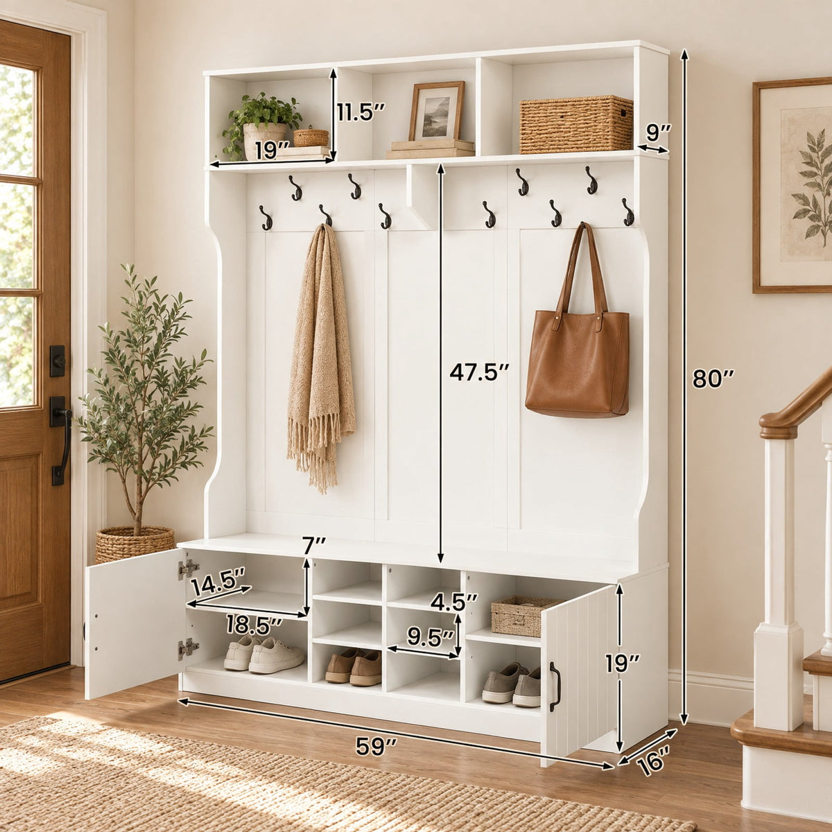 Airfind 59in Wide 6-in-1 Hall Tree with Bench and Storage, 155 lbs Capacity, Engineered Wood MDF Frame, 59in × 16in × 80in Footprint, White