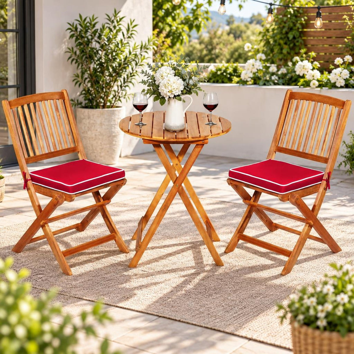 Airfind 3 Pieces Patio Folding Bistro Set with Padded Cushion and Round Coffee Table, 360 lbs Capacity, Acacia wood Frame, Red
