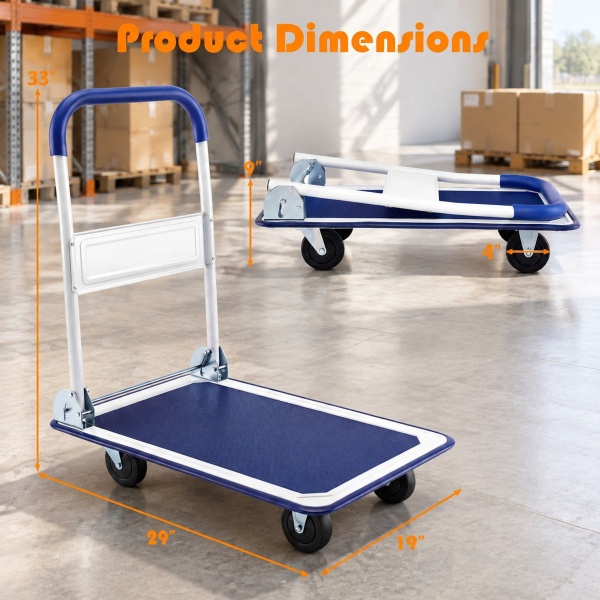 Airfind Folding Platform Hand Truck with Collapsible Bed and 4 Wheels for Moving Warehouse, 330 lbs Capacity, Metal, 29 Inch x 19 Inch x 33 Inch