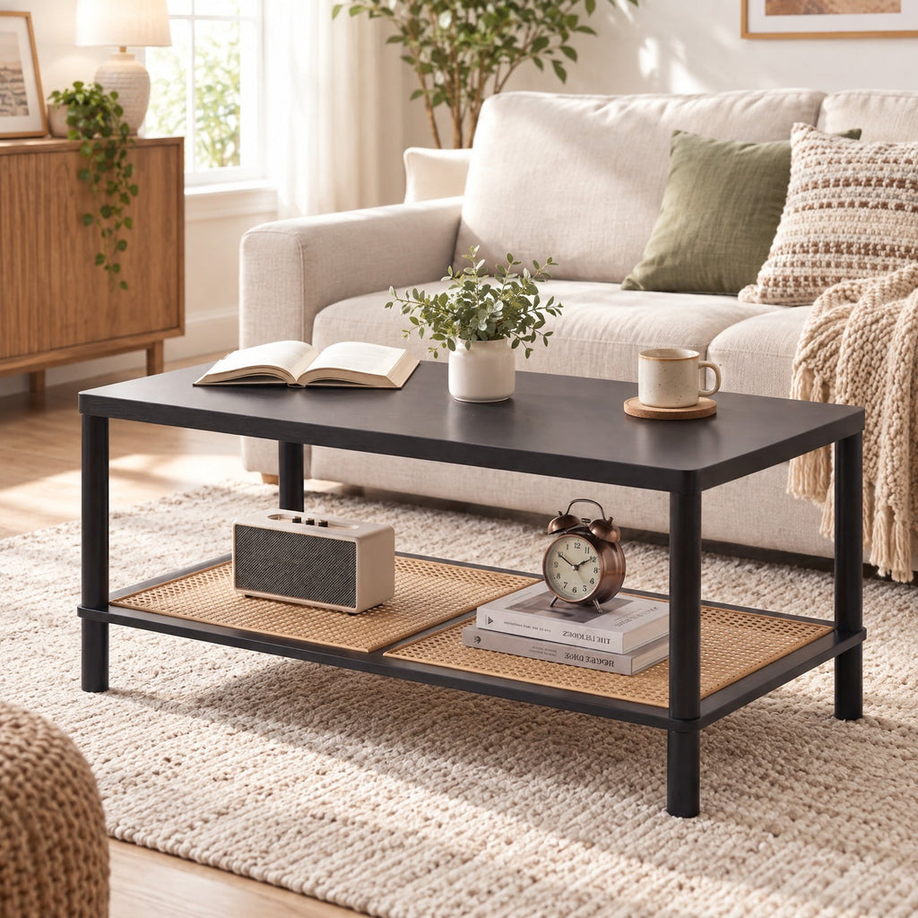 Airfind 2-Tier Boho Coffee Table for Living Room Rectangular Center Table with Rubber Wood Frame and PVC Rattan Storage Shelf, 185 lbs Capacity