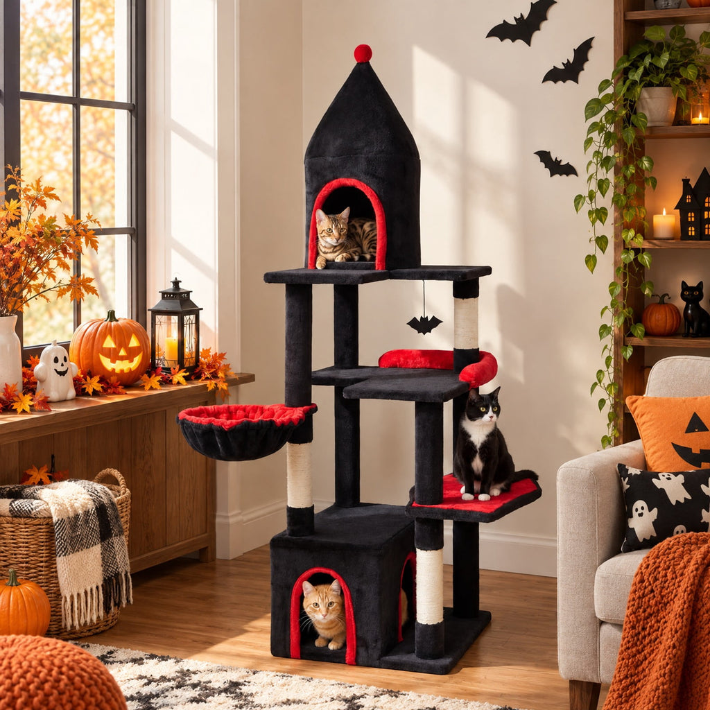 Airfind 63 Inch Gothic Cat Tree with Condo and Top Cave for Large Cats 20+ LBS, 22 lbs Capacity, Black