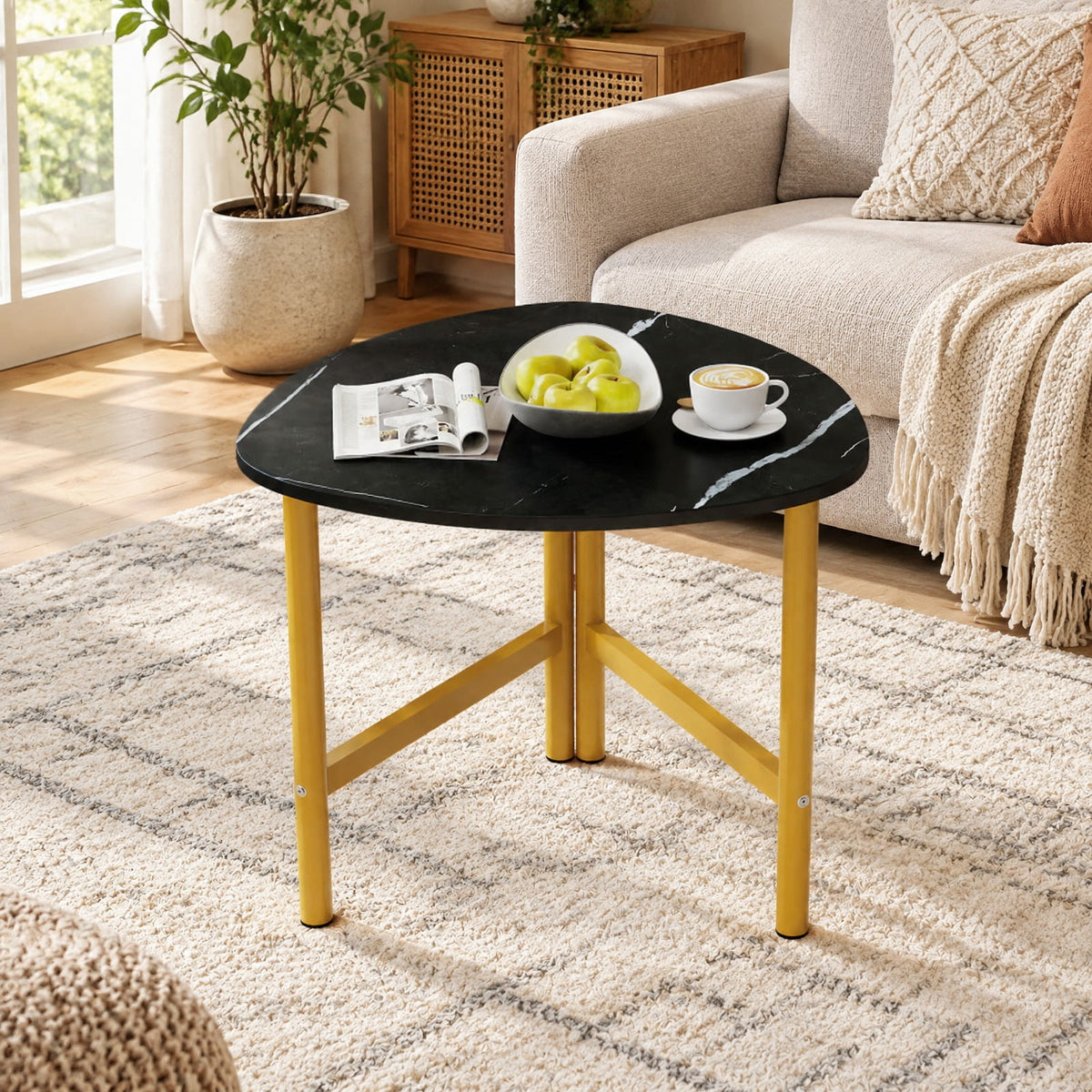 Airfind Triangle Coffee Table Oval Coffee Table with Metal Legs Industrial Center Table, 132 lbs Capacity, Engineered Wood Metal Frame, Black