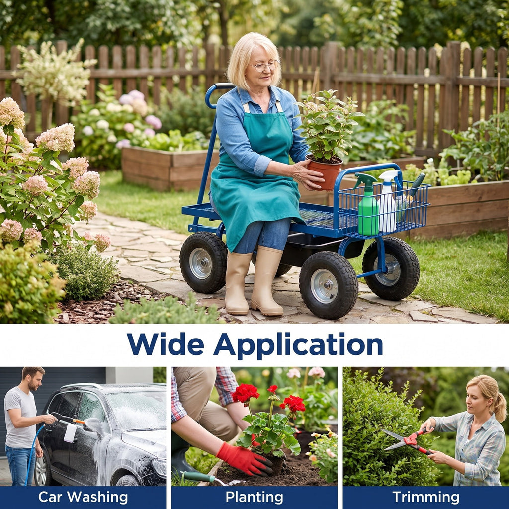 Airfind Heavy Duty Garden Cart with Tool Tray and 360 Swivel Seat, 330 lbs Capacity, Steel Rubber Plastic Frame, 38 x 17 x Footprint, Blue
