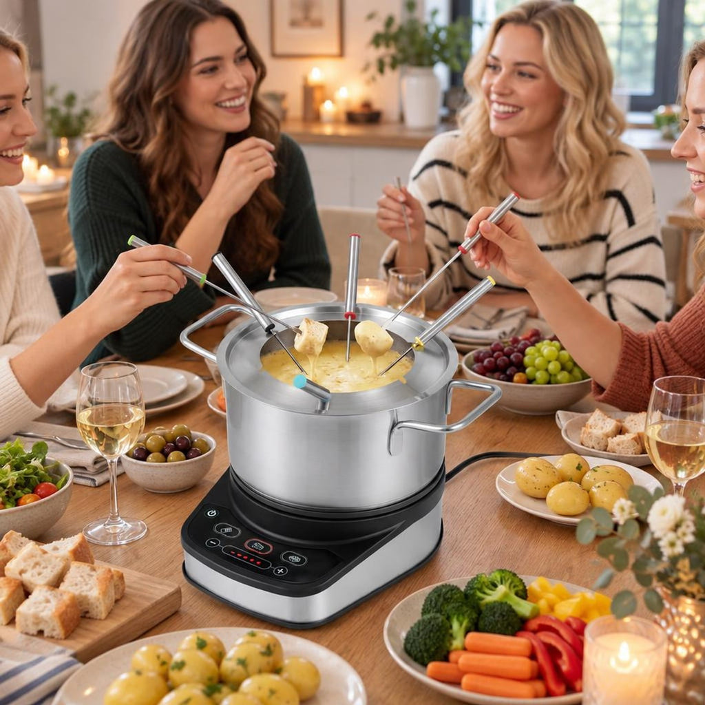 Airfind 1200W Electric Fondue Pot Set with 3.2 QT Removable Pot 6 Color, Stainless Steel PBT Frame, 9.5 × 7 × 3 Footprint, Silver + Black