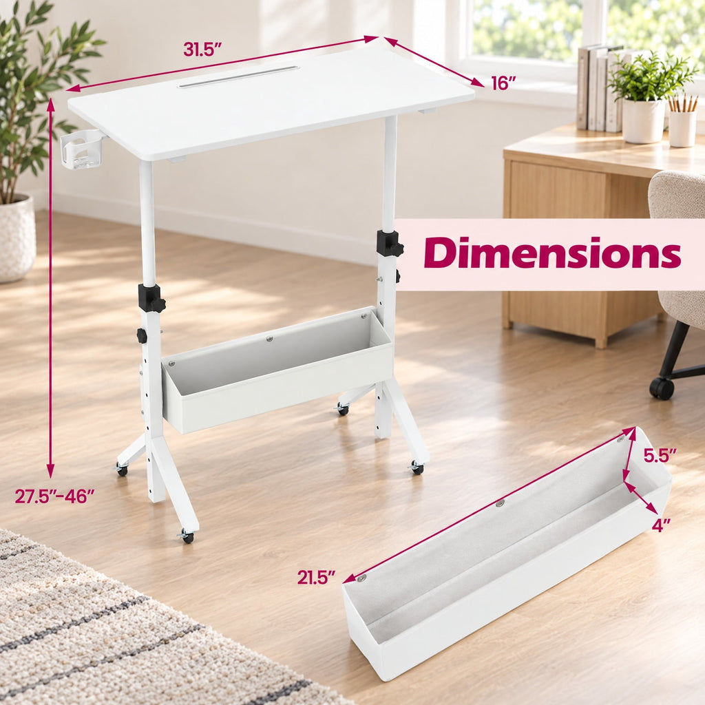 Airfind Mobile Standing Desk Height Adjustable Rolling Laptop Desk with Cup Holder Storage Basket, 110 lbs Capacity, White