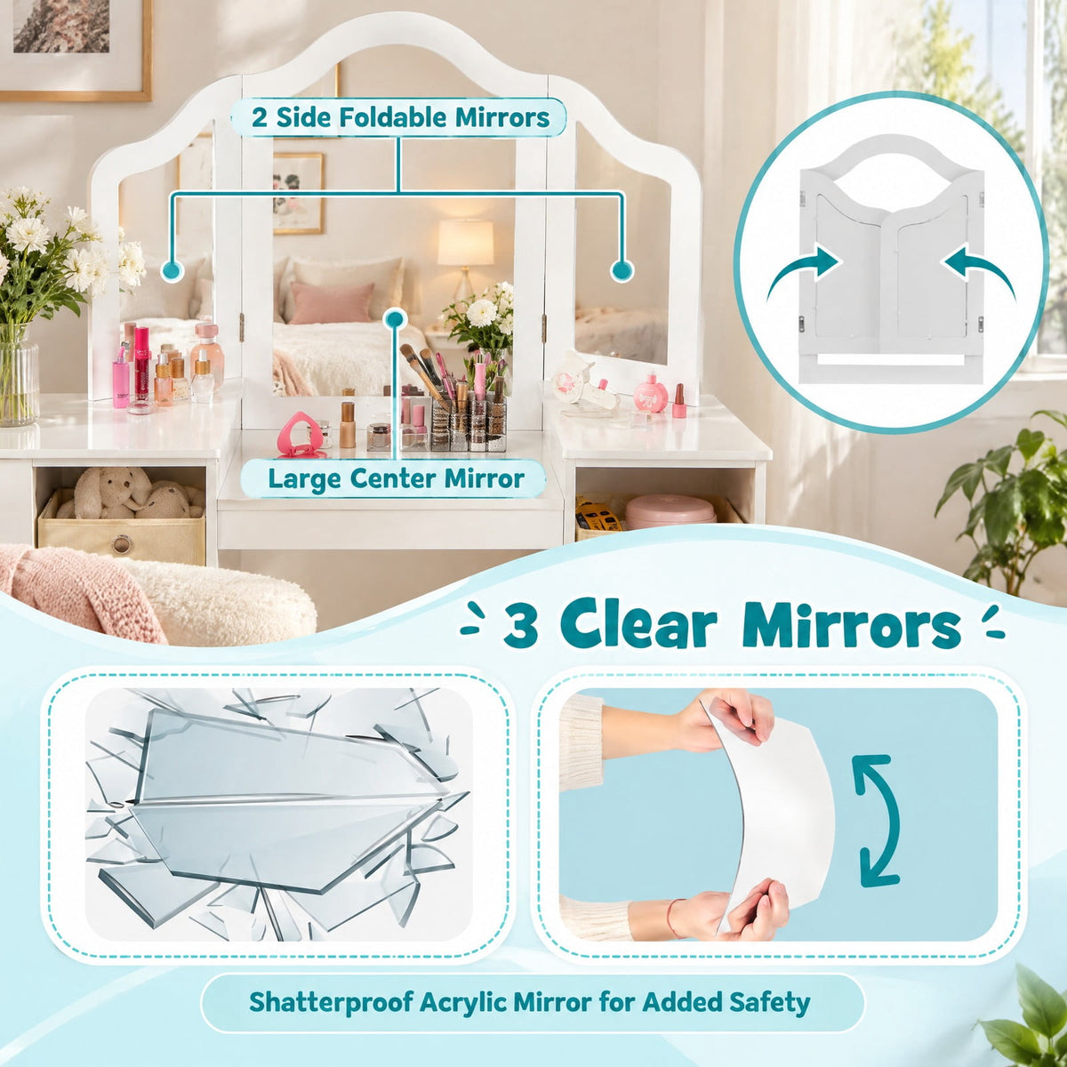 Airfind Kids Vanity Table and Chair Set with Removable Mirrors and 4 Storage Bins, 220 lbs Capacity, MDF Frame, for 3+ Years Old, White