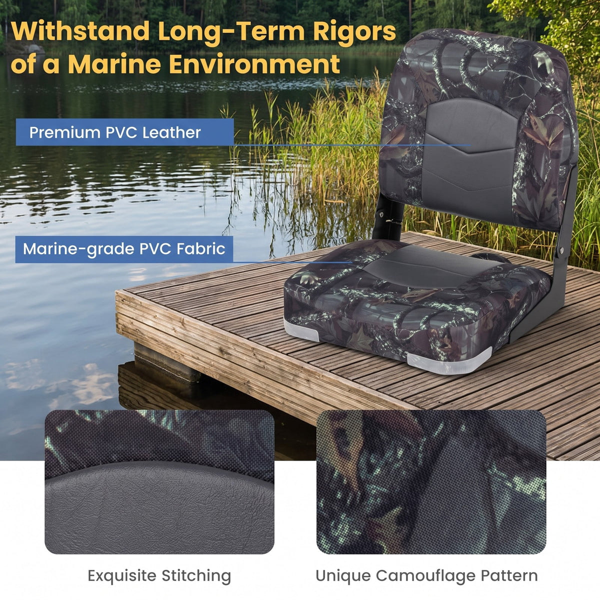Airfind Folding Low Back Boat Seats 2 Pack with Thick Sponge Padding and Aluminum Hinges for Fishing and Cabin Boats, Camouflage