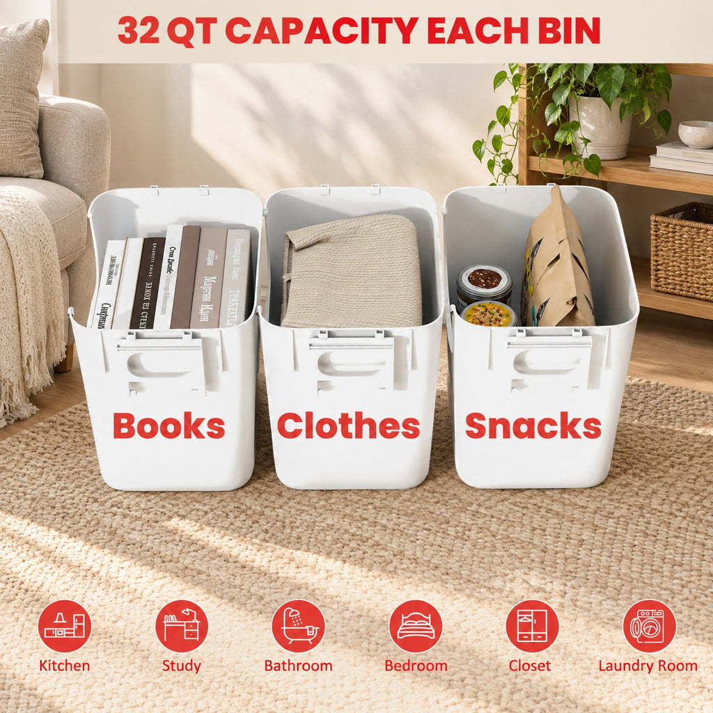 Airfind 3 Pieces Plastic Storage Bins Stackable with Front Door and Side Handles, 18 lbs Capacity, PP Frame, White
