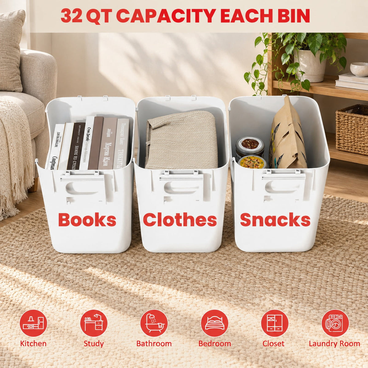 Airfind 3 Pieces Plastic Storage Bins Stackable with Front Door and Side Handles, 18 lbs Capacity, PP Frame, White