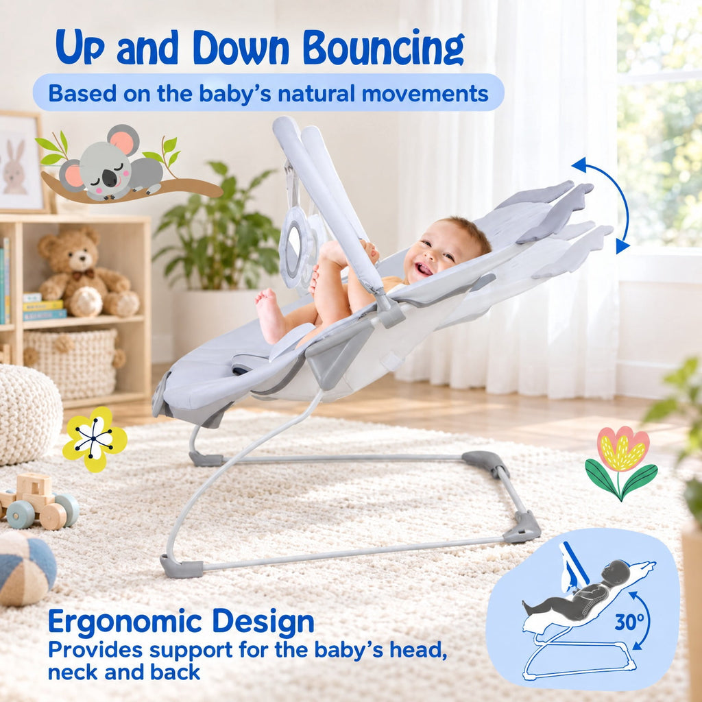Airfind Portable Youth Bouncer Rocker Seat featuring Detachable Toy Bar, 20 lbs Capacity, Peach Velvet Fabric Polyester Metal ABS TPE Frame, Gray