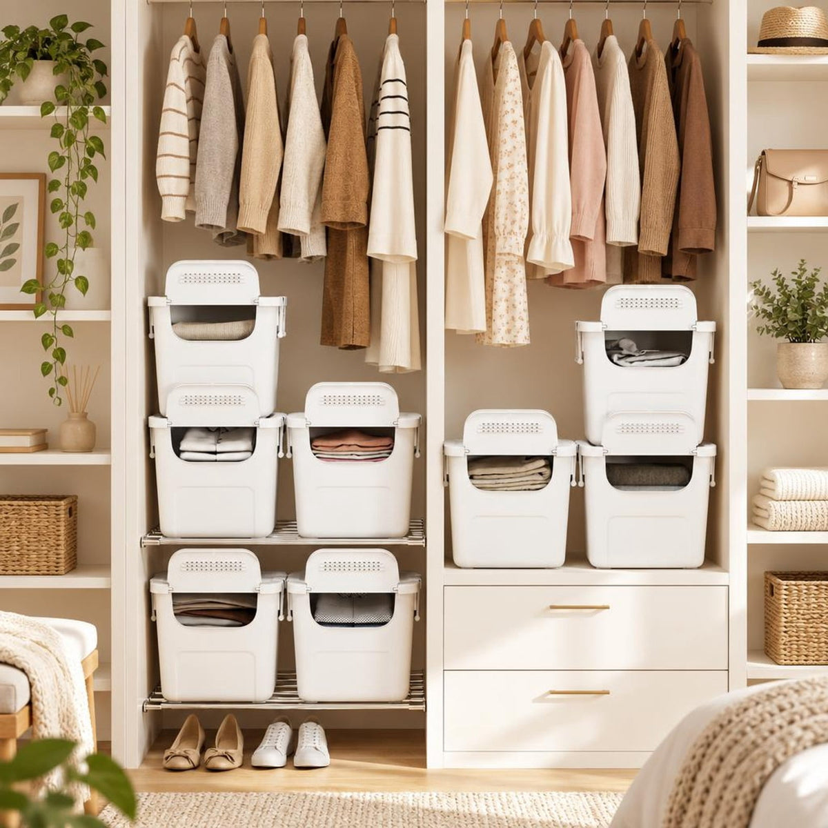 Airfind 3 Pieces Plastic Storage Bins Stackable with Front Door and Side Handles, 18 lbs Capacity, PP Frame, White