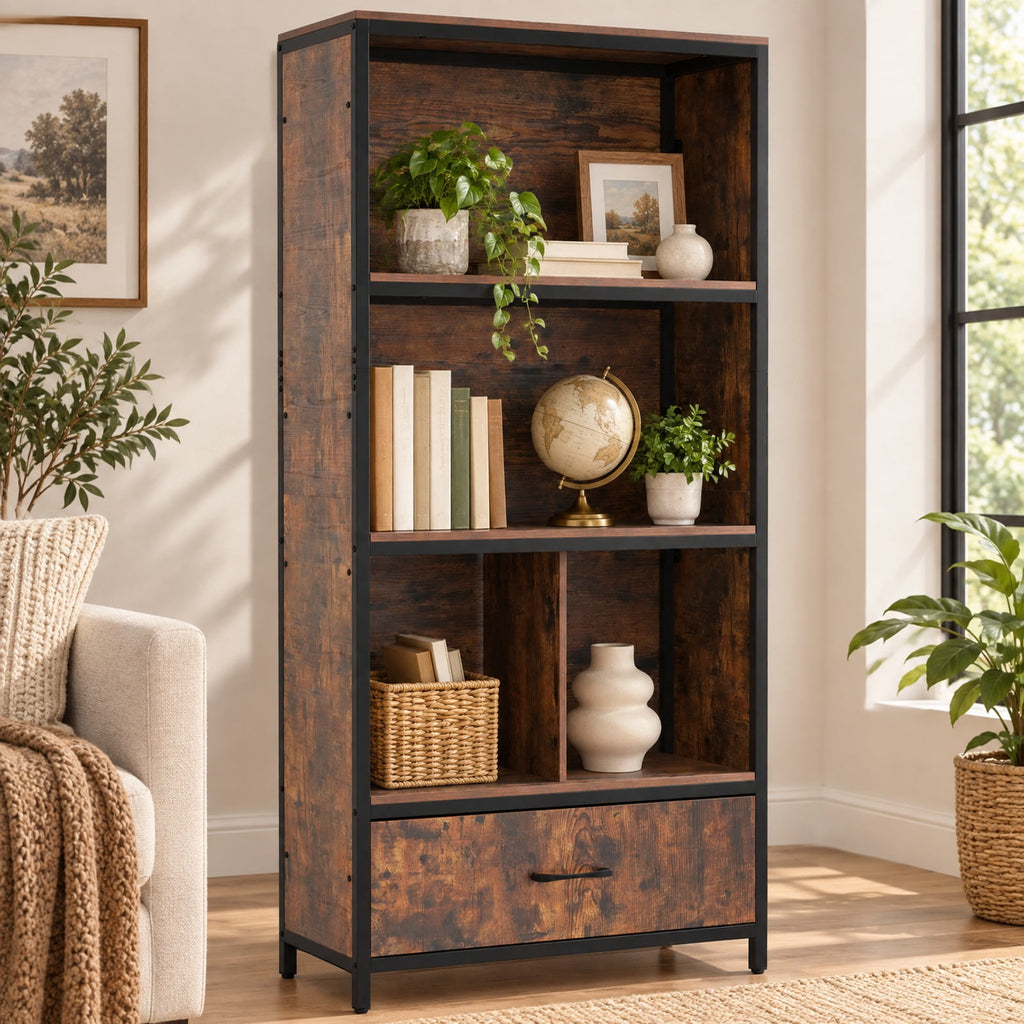 Airfind 56in Tall Freestanding Bookcase with Drawer 5 Tier, 44 lbs Capacity, Engineered Wood Metal Frame, 27in x 12in x 56in Footprint, Natural