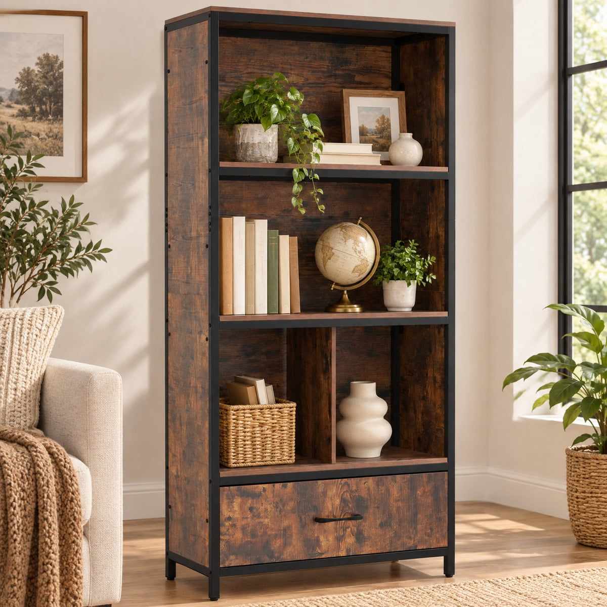 Airfind 56in Tall Freestanding Bookcase with Drawer 5 Tier, 44 lbs Capacity, Engineered Wood Metal Frame, 27in x 12in x 56in Footprint, Natural
