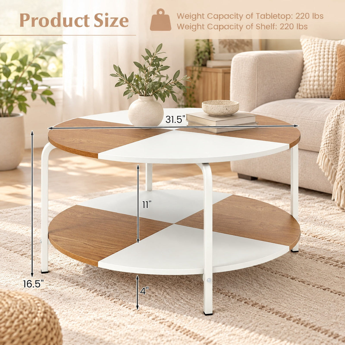 Airfind 2-Tier Round Coffee Table Metal Frame with Storage Shelf-Natural and White, 220 lbs Capacity, Engineered Wood Metal Frame, Coffee