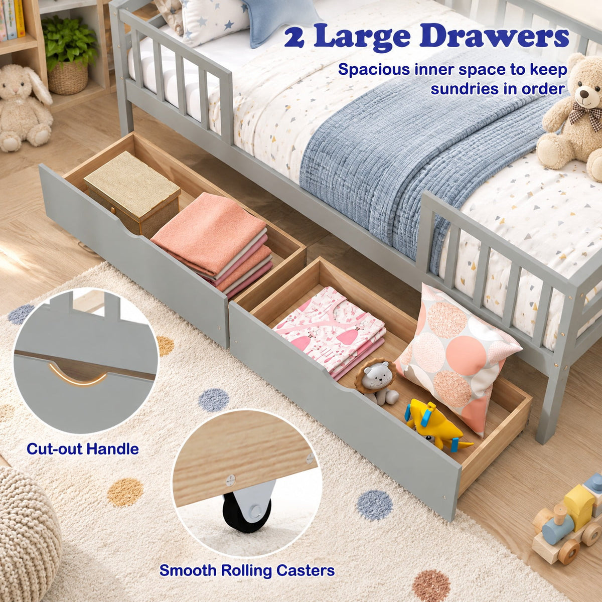 Airfind Twin Daybed with Fence and 2 Drawers Kids Bed for Boys Girls, 200 lbs Capacity, Pine Wood MDF Engineered Wood Plywood Frame, Gray