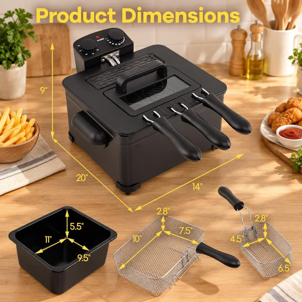 Airfind Electric Deep Fryer 5.3QT/21-Cup Stainless Steel 1700W featuring Triple Basket, Stainless Steel Iron Frame, 12 Inch x 11 Inch x 8.5 Inch Footprint, Black