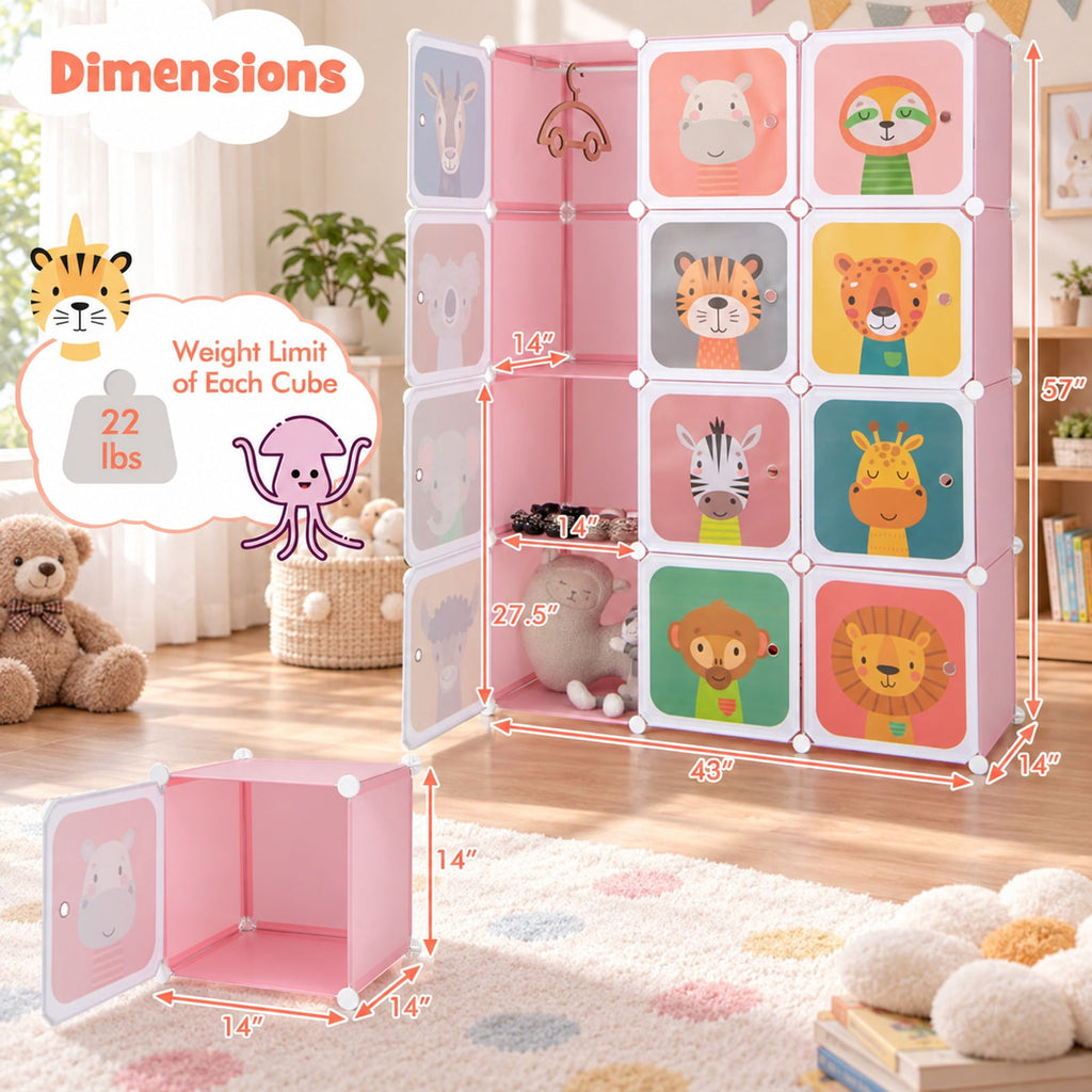 Airfind 12 Cube Youth Wardrobe, Closet with Hanging Section and Doors, PP Metal Frame, 43 Inch x 14 Inch x 57 Inch Footprint with Functional Design, Pink