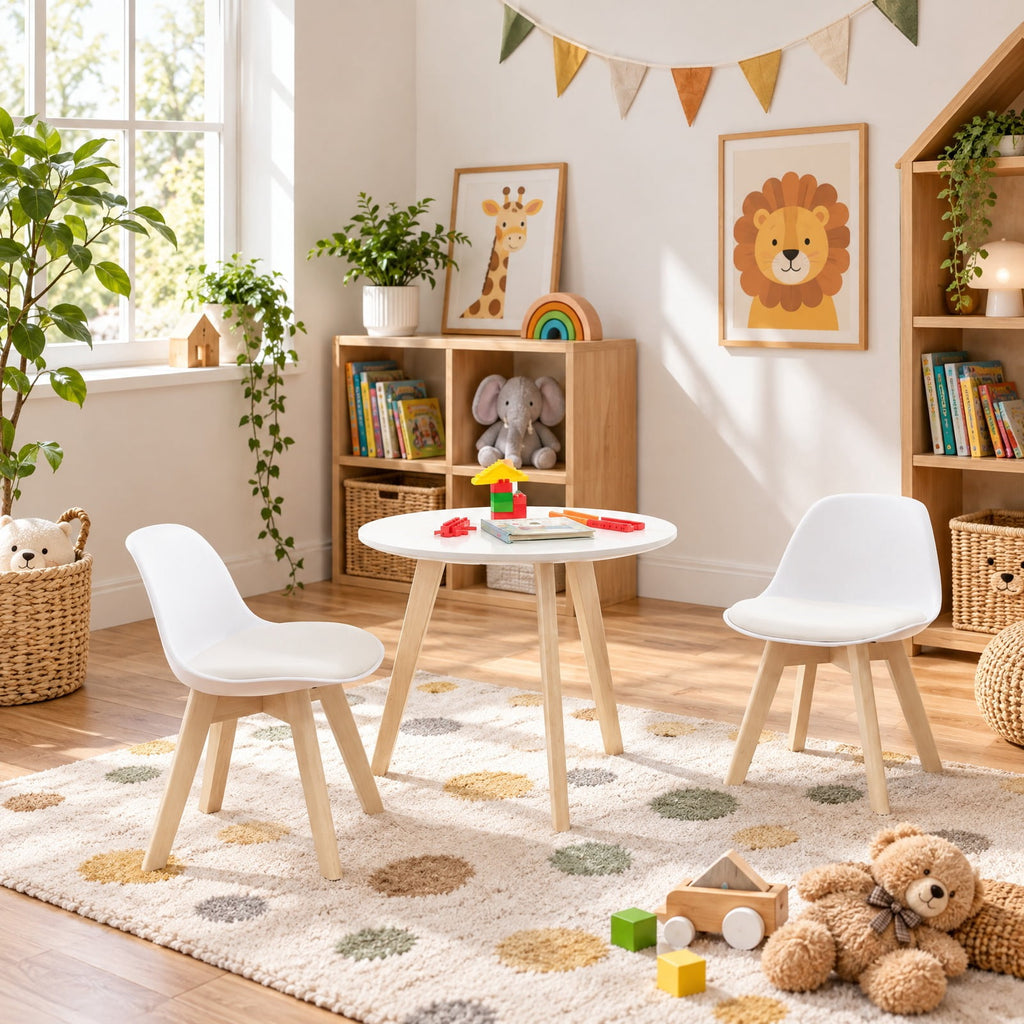 Airfind Modern Kids Activity Play Table and 2 Chairs Set with Beech Leg Cushion, 176 lbs Capacity, MDF beech wood PP Frame, 23.5 x 20 Footprint