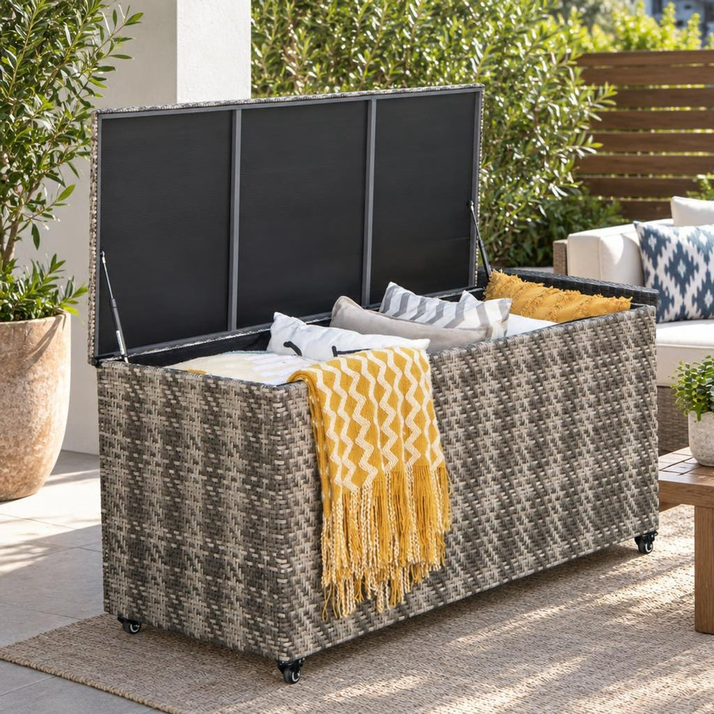 Airfind 96 Gallon PE Wicker Outdoor Storage Box with 4 Wheels, PE Rattan PP Board Metal Polyester Frame, 52 x 22 x 25 Footprint, Gray
