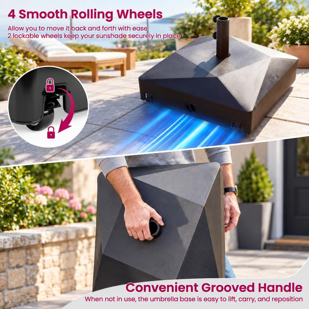 Airfind 154lbs Mobile Fillable Patio Umbrella Base with 4 Wheels, HDPE Metal Frame, 21.5 x 21.5 x 15 Base Footprint, Black