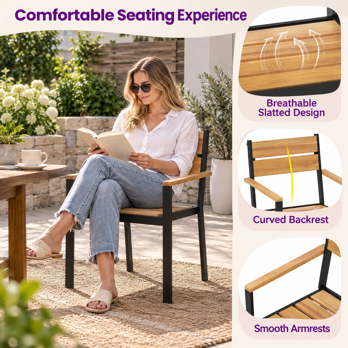 Airfind 2 piece Outside Patio Dining Chair with Acacia Armrest for Backyard Garden, 400 lbs Capacity, Acacia Metal Frame, Brown Black