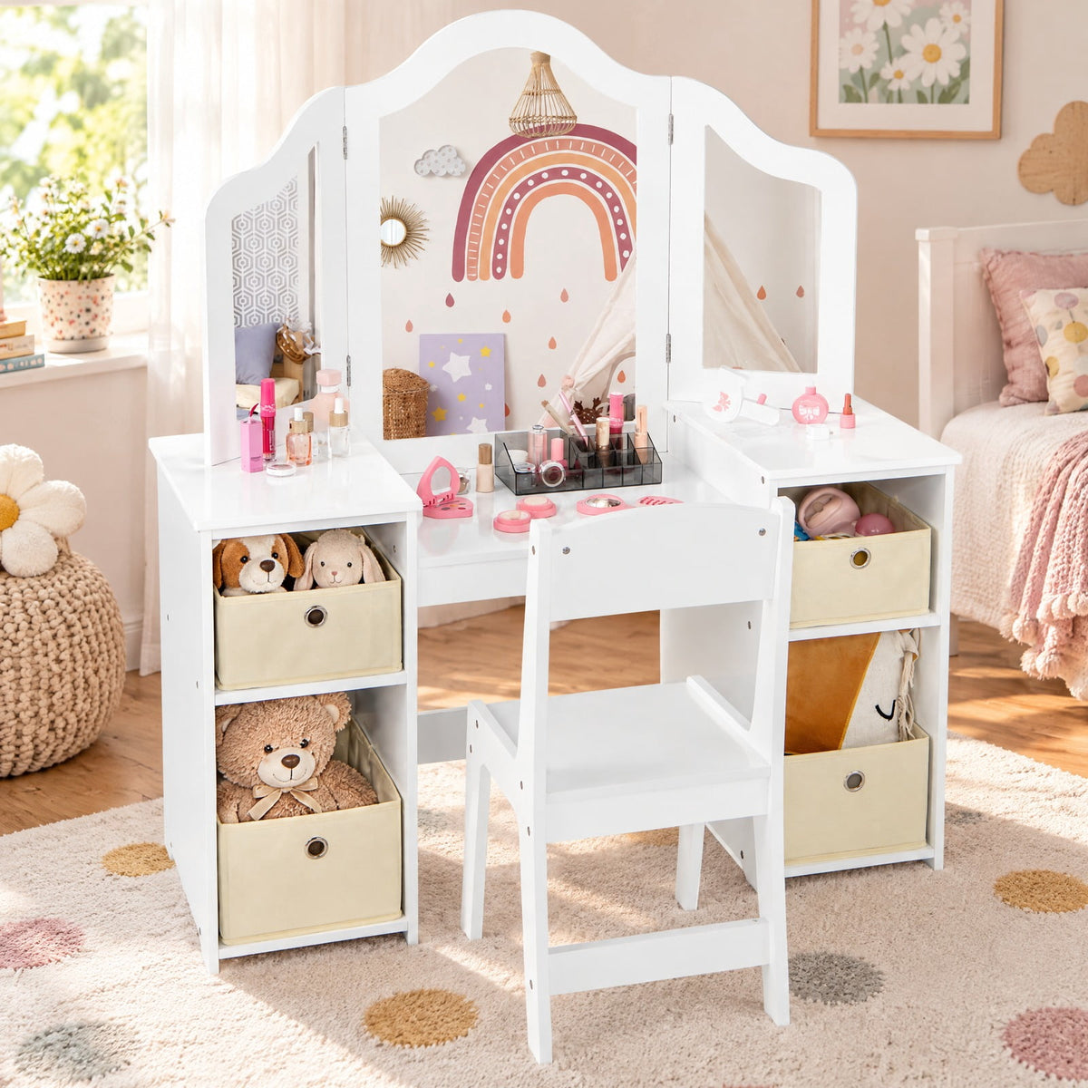 Airfind Kids Vanity Table and Chair Set with Removable Mirrors and 4 Storage Bins, 220 lbs Capacity, MDF Frame, for 3+ Years Old, White