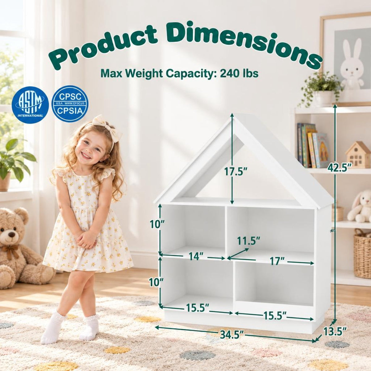 Airfind 3-Tier House-Shaped Toy Storage Organizer with Open Shelves, 240 lbs Capacity, MDF Engineered Wood Frame, 34.5 x 13.5 x 42.5 Footprint