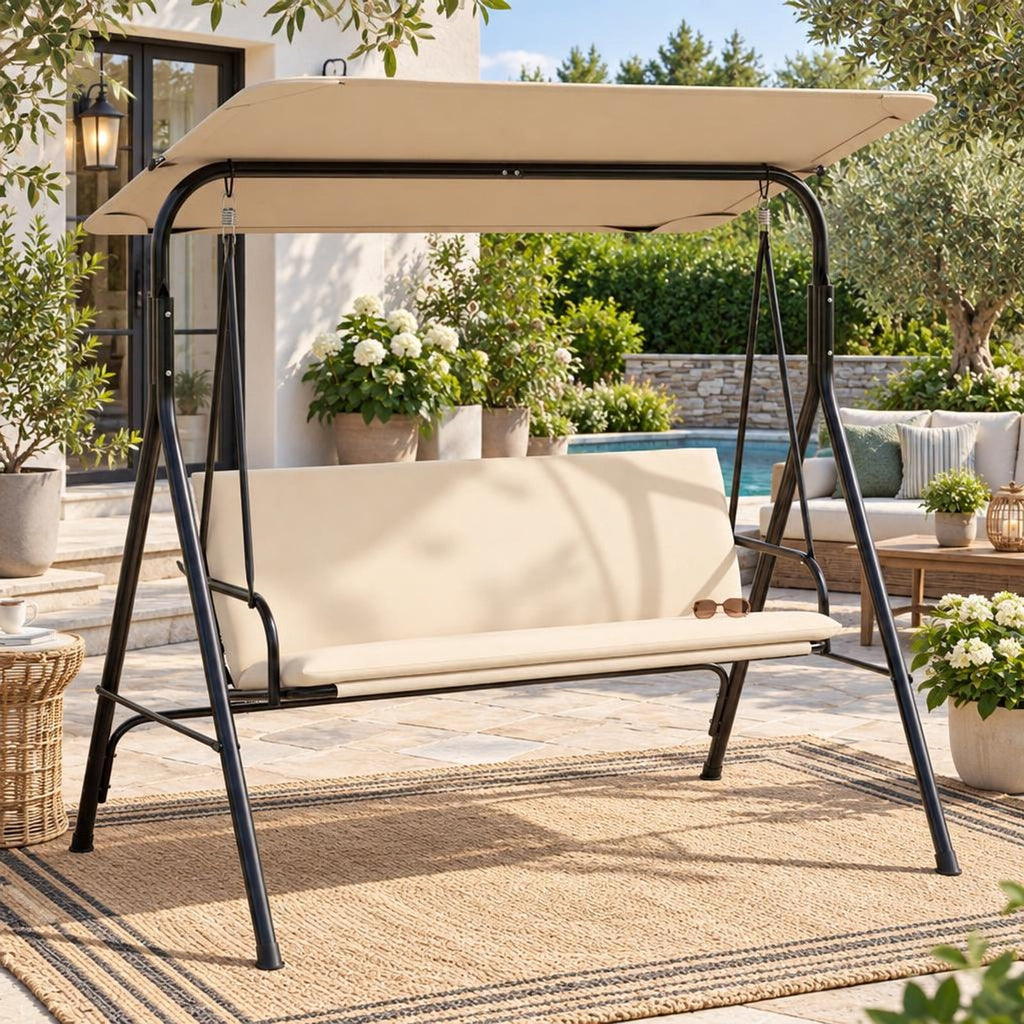 Airfind 3-Seat Patio Swing Chair with Adjustable Canopy and Removable Cushion, 800 lbs Capacity, Metal Polyester Fabric Sponge Mesh Fabric Frame