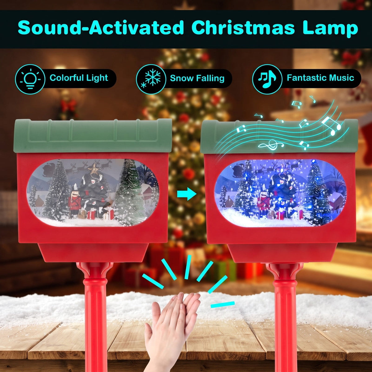 Airfind 59 Inch Christmas Street Lamp featuring Sound-activated Snow Globe Lantern, Plastic Resin Frame, 12.5 Inch x 12.5 Inch x 59 Inch Footprint, Red