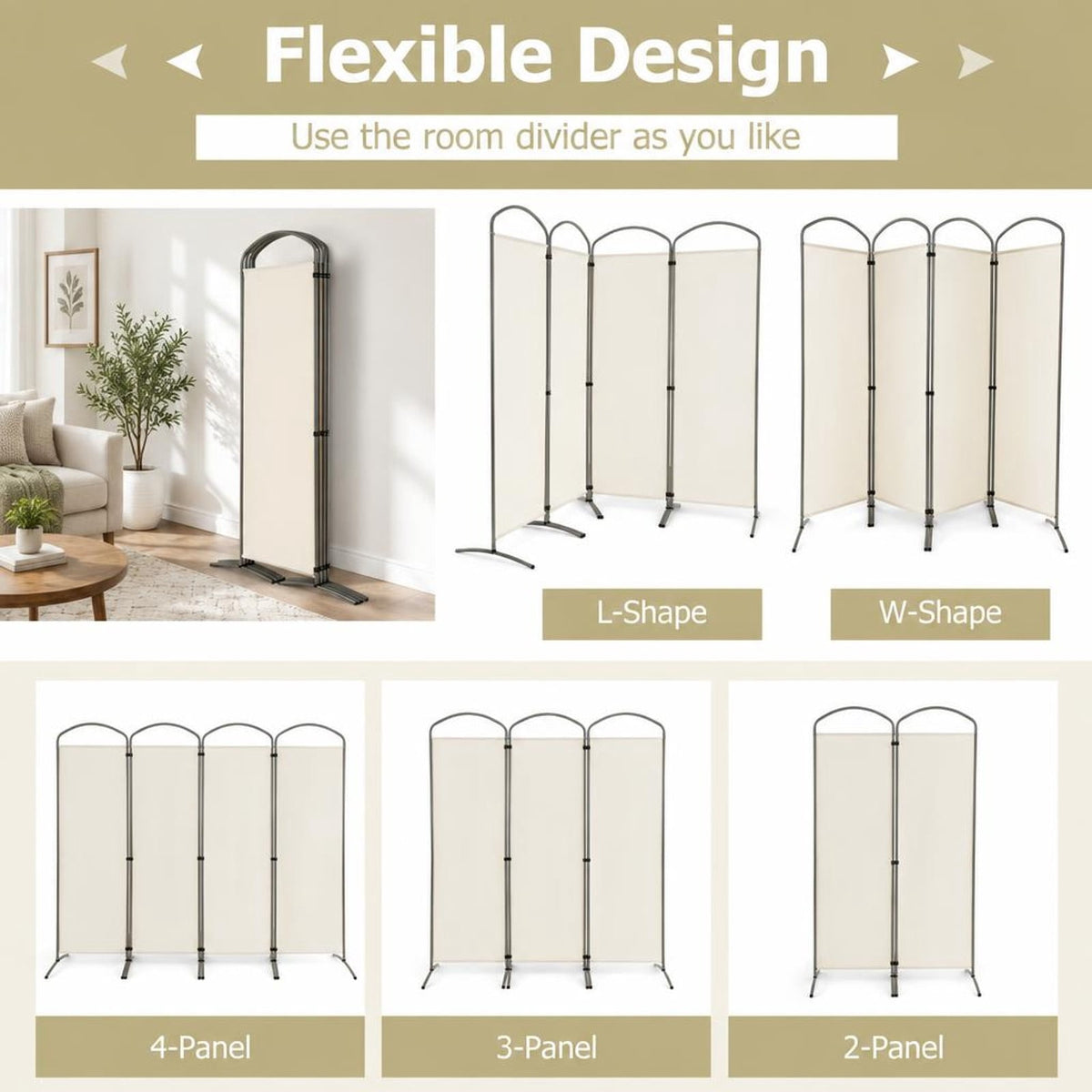 Airfind 6.2Ft Folding 4-Panel Room Divider for Home Office Living Room, Polyester Metal Frame, 87 x 20 x 74 Footprint, White