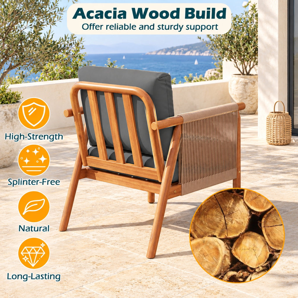 Airfind Patio Acacia Wood Chair Set of 4 with Woven Rope Armrests and Seat Back Cushions for Backyard, 400 lbs Capacity, Gray