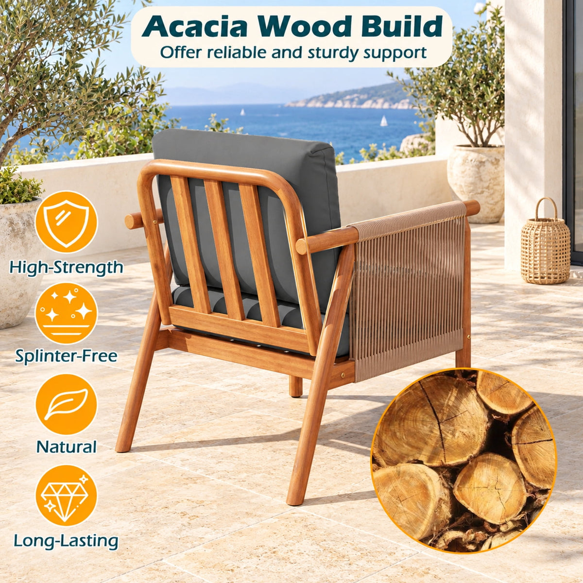 Airfind Patio Acacia Wood Chair Set of 4 with Woven Rope Armrests and Seat Back Cushions for Backyard, 400 lbs Capacity, Gray