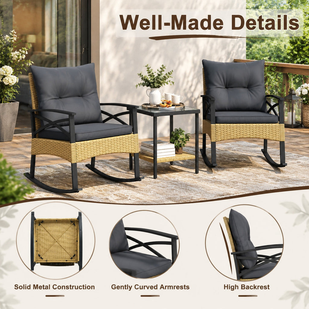 Airfind 3 Pieces Outdoor Rattan Rocking Chairs Set with 2-Tier Side Table for Garden Backyard, Table 100 lbs Capacity, 18 x 18 x 18.5 Footprint