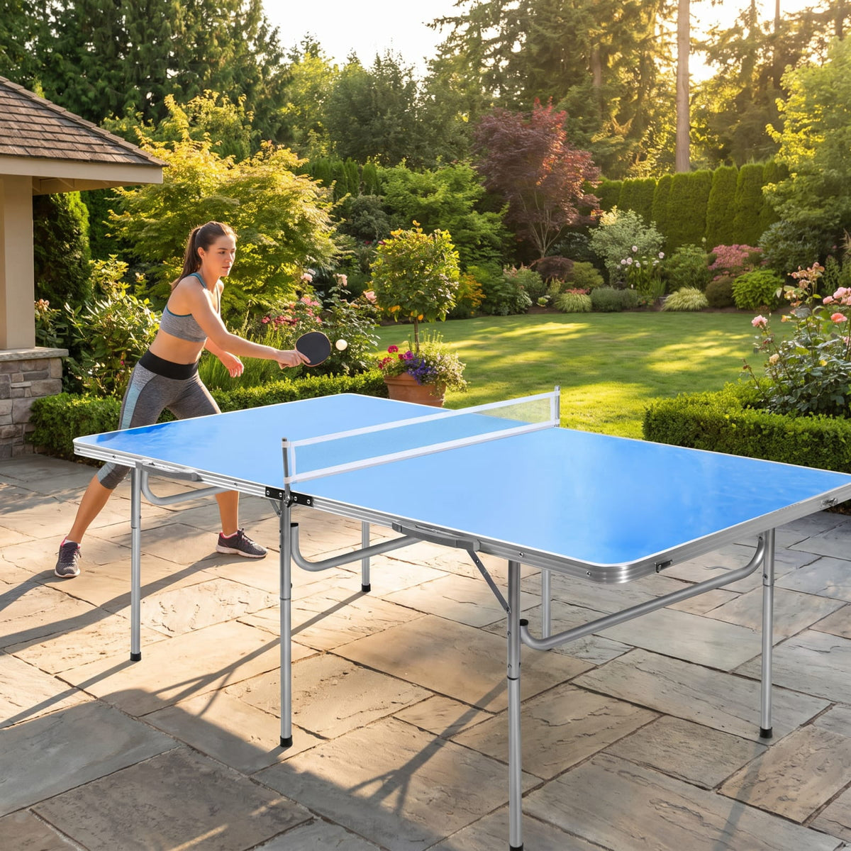 Airfind 60 Inch Portable Folding Table Tennis Table with Net Paddles and Balls for Indoor Family Game Room Ping Pong Fun, Blue