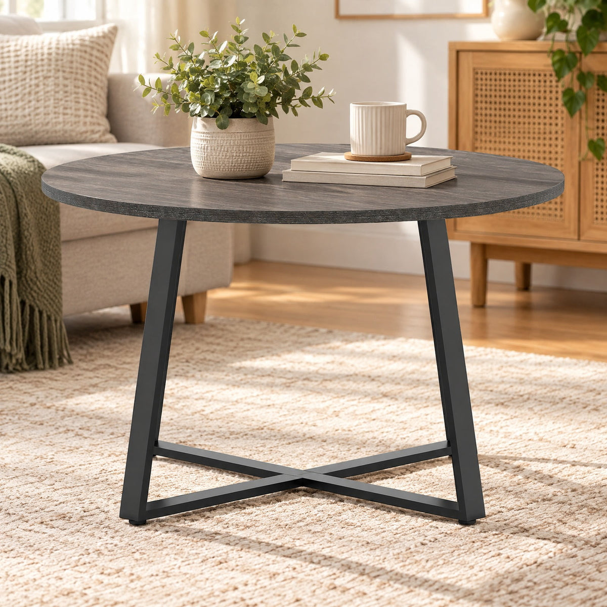 Airfind 47 Inch Round Dining Table with Stable X-shaped Base and Round Thickened Tabletop, 220 Lbs Capacity, Engineered Wood Metal, Gray Oak, Gray