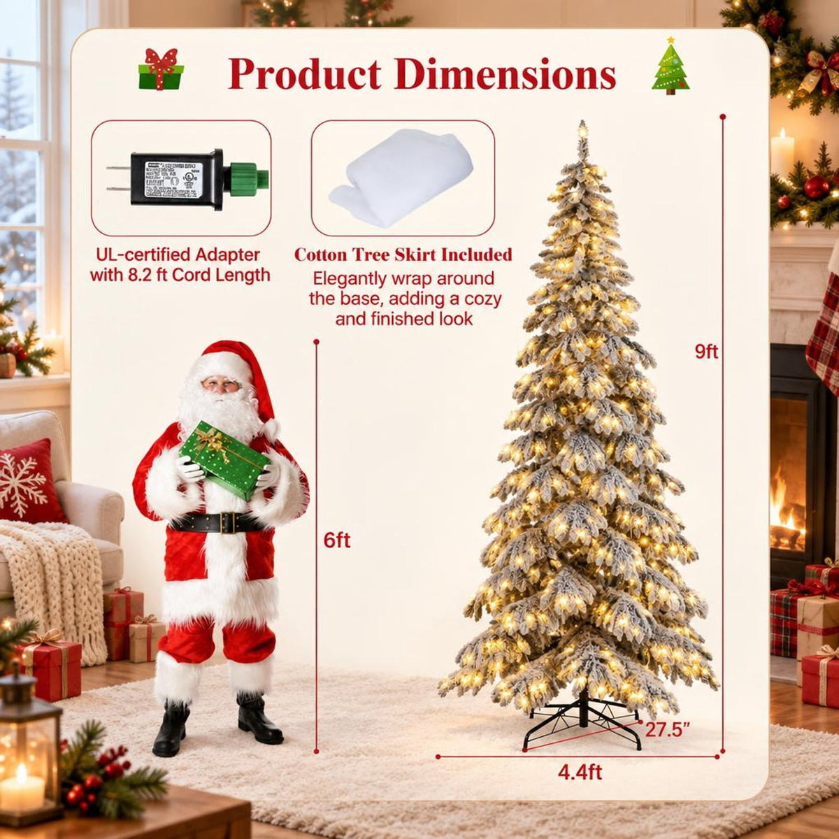 Airfind 9 Feet Pre-Lit Artificial Xmas Tree Hinged Xmas Tree with Quick Power Connectors, PVC Metal Frame, 4.4 x 9 ft Footprint, White