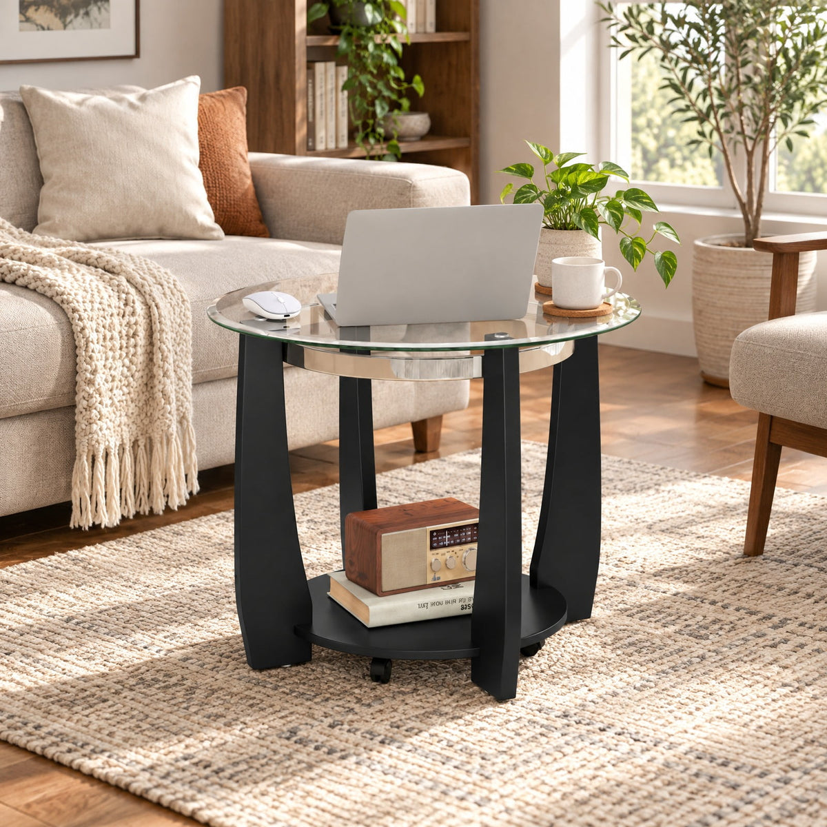 Airfind 32 Inch 2-Tier Glass Round Coffee Table with Storage Shelf, 300 lbs Capacity, Tempered Glass Rubber Wood Stainless Steel Plastic Frame, Black