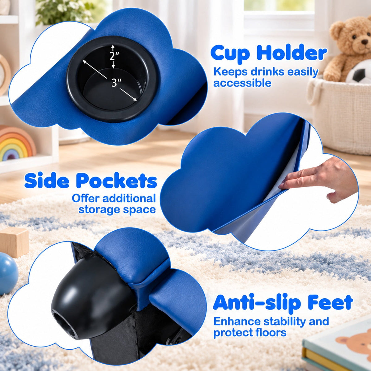 Airfind Youth Recliner featuring Cup Holder Armrests and Adjustable Backrest for Playroom, Wood Frame, 24 Inch x 21 Inch x 30 Inch Lying Footprint, Blue